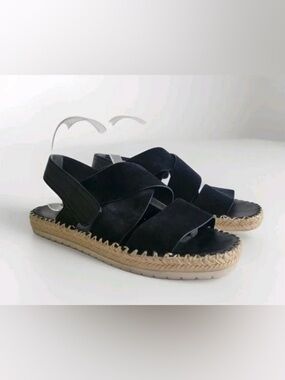 Vince Tenison Espadrille Flat Sandal Black Suede Adjustable Strap Women Size 9.5